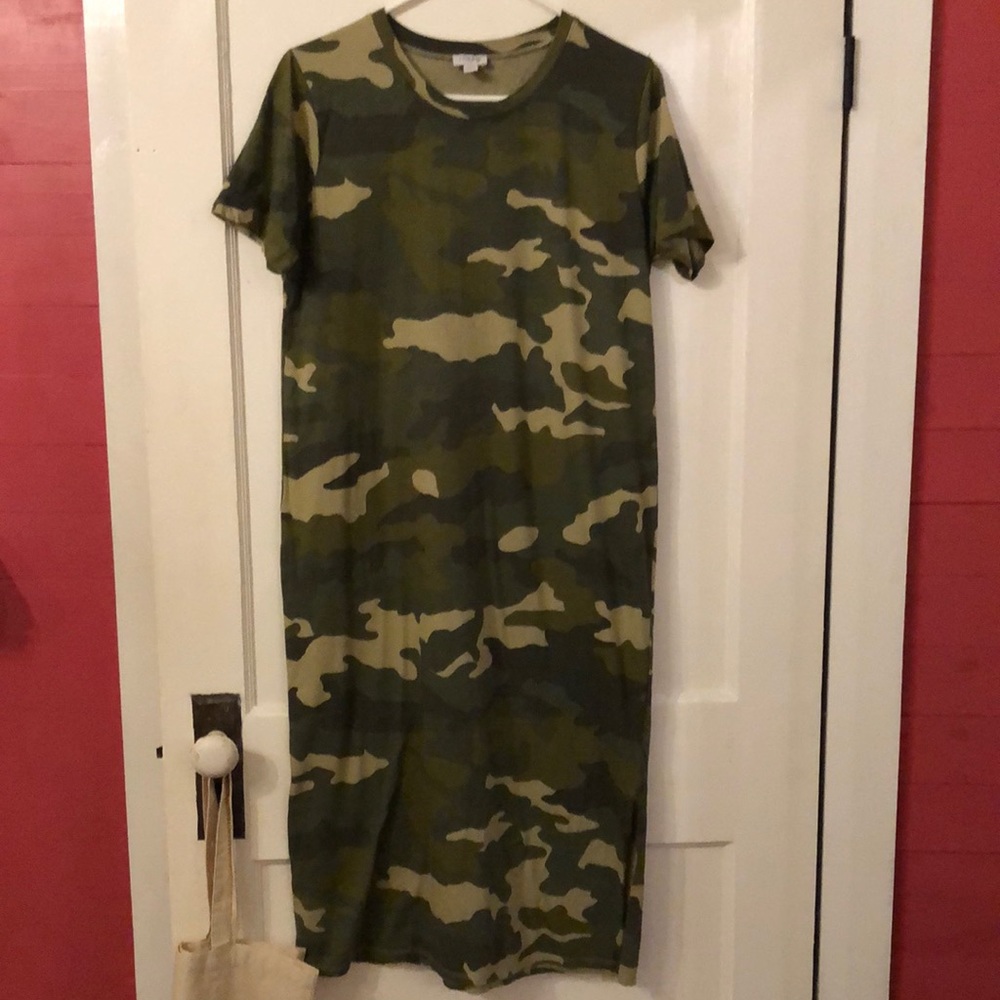 j. crew camo midi dress. new. never worn. size M.